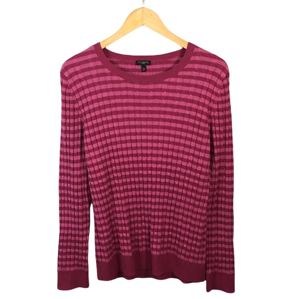 C2 Women’s TALBOTS Petites Cable Knit Striped Wool Blend Sweater XL Petite